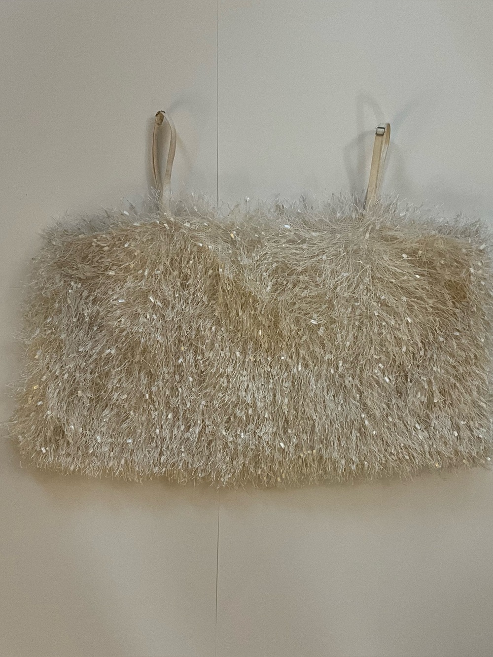 Cream Shaggy Tinsel Sequin Cami Crop Top Sparkly Holiday Festival XL - Picture 2 of 6